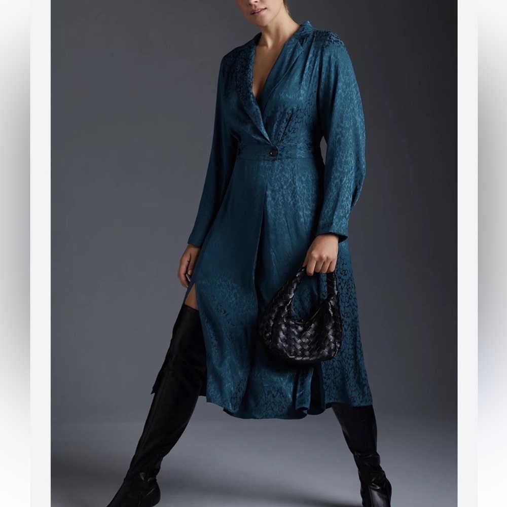 Anthropologie Jacquard Blazer Wrap Dress Teal Shimmer Animal Print Midi -24W